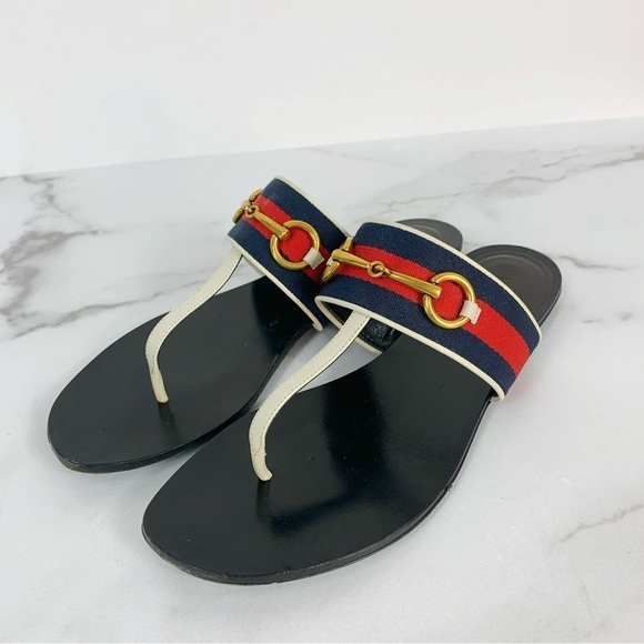 Gucci Querell Horsebit Web Stripe Logo Leather Thong Sandals EU 39 - Picture 6 of 15